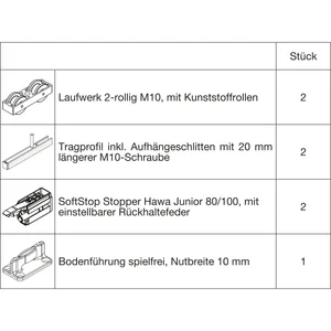 HAWA Junior 100/B Beschlagset Holz SoftStop Tragschraube 20 mm länger (30230)