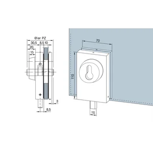 DORMA-Glas Eckschloss SG-15, mit Rosetten PZ, 10 mm, (05.118) silber eloxiert