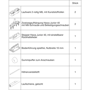 HAWA Junior 40/Z Beschlagset Holz Laufschiene L=1600 mm silber